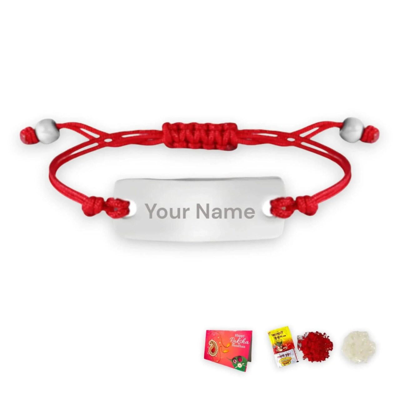 Personalized Stainless Steel Rakhi for Brother Custom Engraved Name Bracelet for Bhai Raksha Bandhan Customizable Thread Rakhi Gift Hamper with Roli Chawal Greeting Card